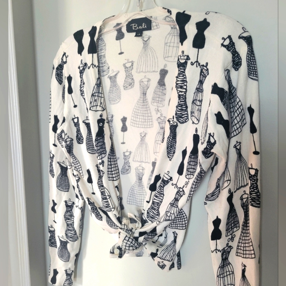 Bali Mannequin Print Cardigan Sweater with Deep V-Neck and Sequins